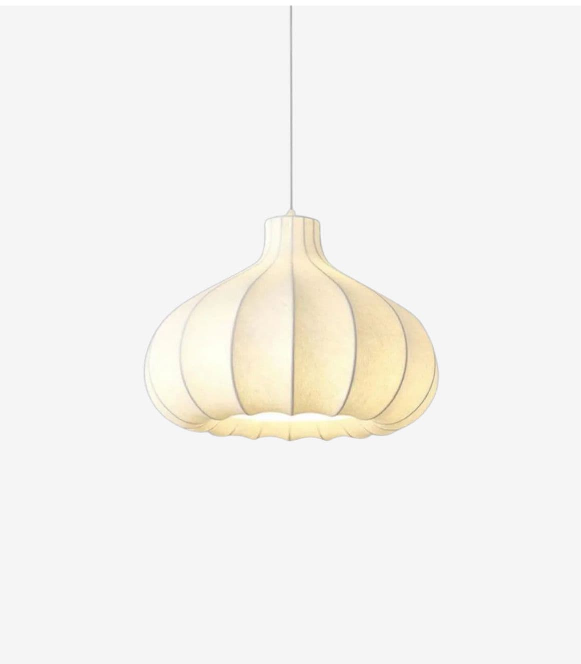 A pendant light fixture with a shade resembling a bulbous gourd or onion. The shade is constructed from segmented panels, likely of fabric or a similar flexible material, stretched over a frame. It hangs from a single thin cord. — 3D model