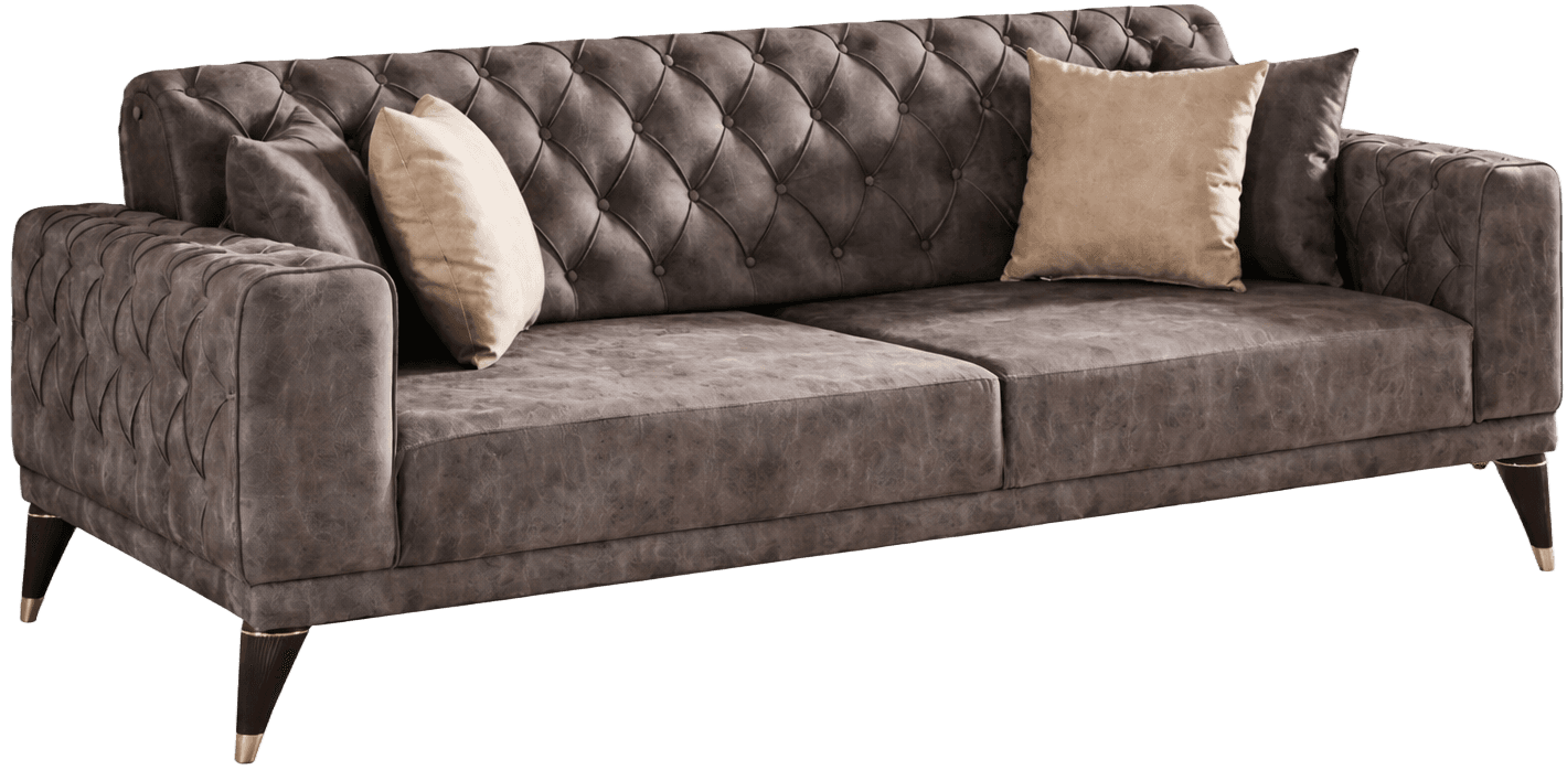 A three-seater sofa with a deep button-tufted backrest and seat cushions. The sofa features upholstered arms and is supported by four tapered legs with decorative gold accents at the base. Two throw pillows are placed on the sofa, one on each side. — 3D model