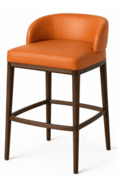 A contemporary bar stool featuring an orange upholstered seat and integrated backrest with subtle armrests, set atop a dark brown wooden frame with four tapered legs and a circumferential footrest. — 3D model