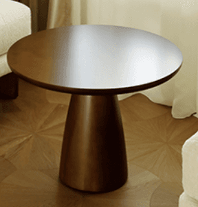 A modern round side table featuring a dark brown wood finish and a distinctive tapered pedestal base. — 3D model