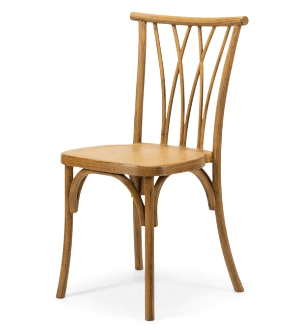 An armless dining chair constructed from light brown bentwood, featuring a distinctive criss-cross backrest and a solid wooden seat. The legs are gently curved, contributing to its classic bistro aesthetic. — 3D model