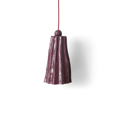 A dark purplish-plum pendant light with a distinct, irregularly pleated or fluted ceramic shade, suspended by a bright red textile cord. The shade is wider at the bottom and tapers slightly towards the top, where a small spherical finial integrates the fixture with the hanging cord. — 3D model