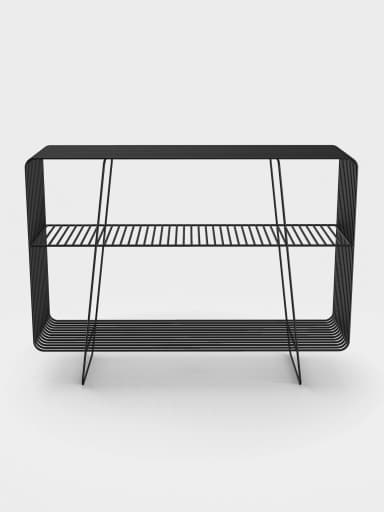 A minimalist two-tier console table constructed entirely from continuous black bent metal rods. The design features a rectangular top surface and a lower shelf, both formed by parallel rods, with the vertical sides also composed of bent rods, giving it an open and airy aesthetic. Two internal diagonal rod supports provide stability to the structure. — 3D model