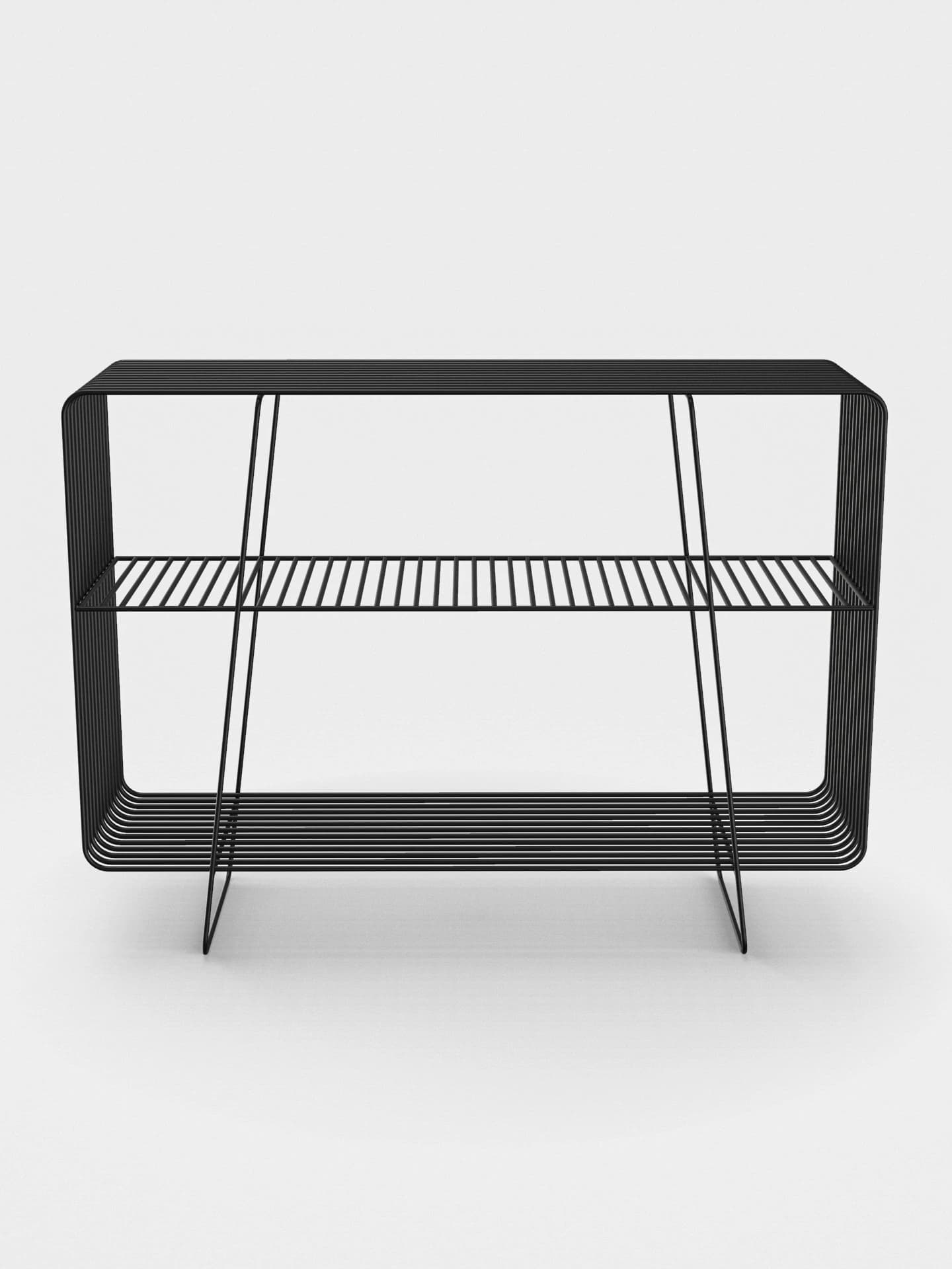 A minimalist two-tier console table constructed entirely from continuous black bent metal rods. The design features a rectangular top surface and a lower shelf, both formed by parallel rods, with the vertical sides also composed of bent rods, giving it an open and airy aesthetic. Two internal diagonal rod supports provide stability to the structure. — 3D model
