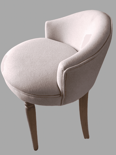 A compact, upholstered barrel-style accent chair featuring a curved backrest and integrated armrests, a rounded seat cushion, and four tapered wooden legs. The upholstery is a light, neutral-toned textured fabric. — 3D model