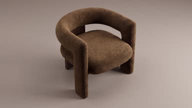 A contemporary lounge chair featuring a plush, textured bouclé-like upholstery in a warm brown hue. The chair has a rounded, minimalist form with integrated arms and backrest, creating a continuous, inviting silhouette. It is supported by a robust, dark wooden plinth-style base that provides a contrast to the soft upholstery. — 3D model