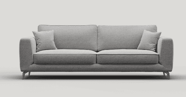 A modern sofa viewed from the rear-side. It features a tailored upholstery in a textured grey fabric, with clean lines and blocky armrests. The sofa is supported by slim, angled metal legs, indicating a contemporary design aesthetic. — 3D model