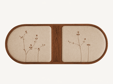 An elongated, oval-shaped bench featuring a curved wooden frame and two distinct upholstered seat cushions. The light beige fabric cushions are decorated with delicate embroidery depicting branches with small red berries. — 3D model