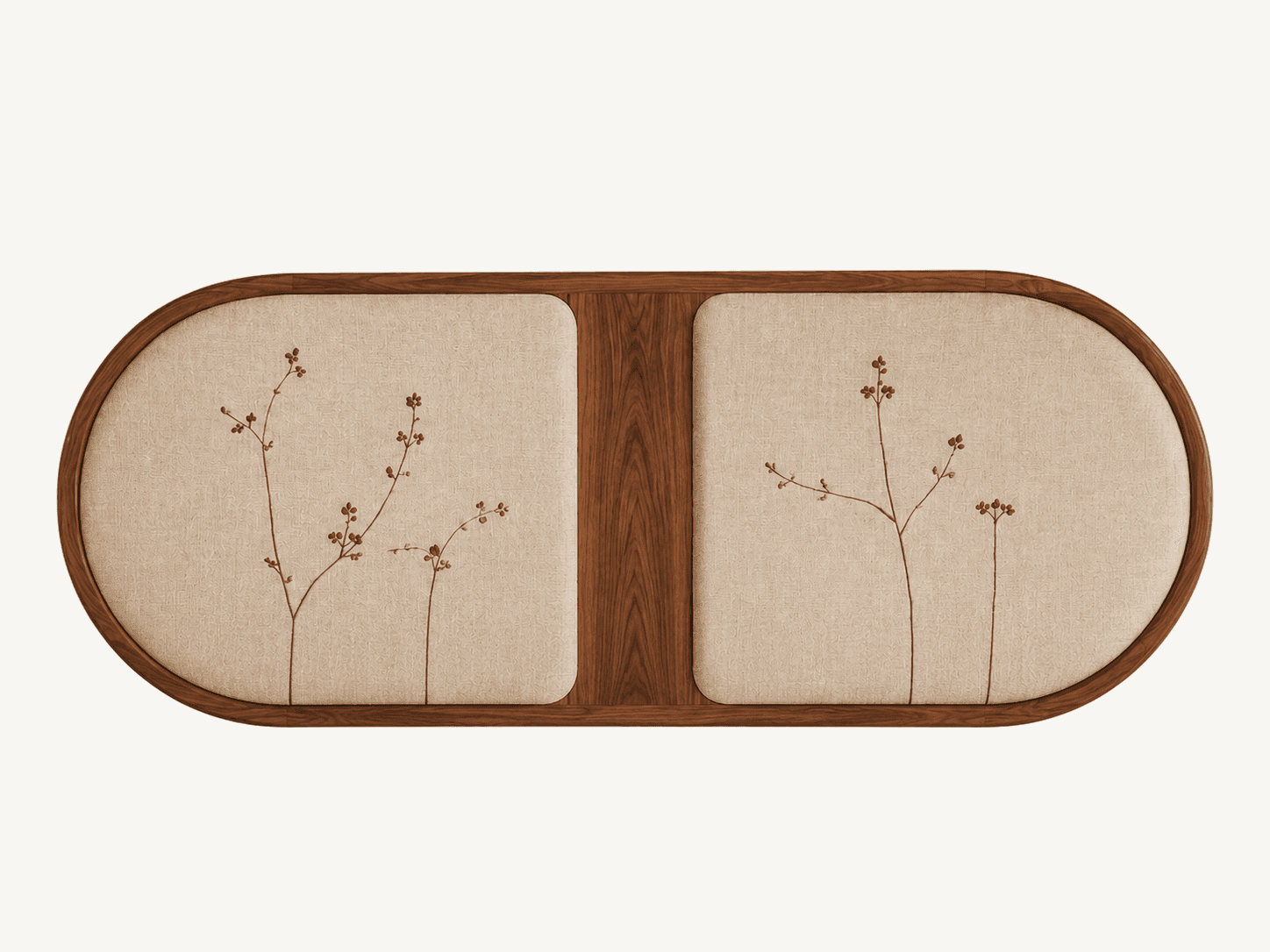 An elongated, oval-shaped bench featuring a curved wooden frame and two distinct upholstered seat cushions. The light beige fabric cushions are decorated with delicate embroidery depicting branches with small red berries. — 3D model