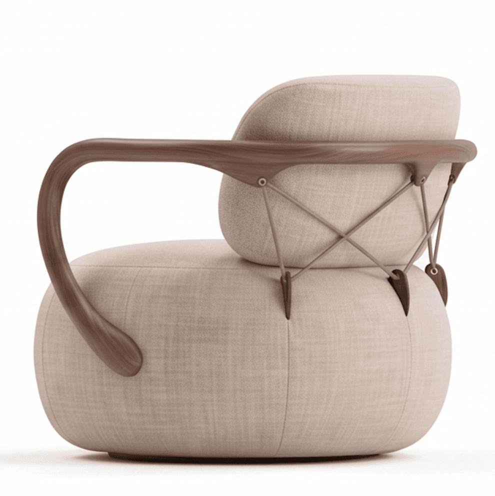 A contemporary lounge chair featuring a plush, rounded, upholstered seat and backrest, supported by an exposed wooden armrest frame and a unique metal rod and strap suspension system for the backrest. The design emphasizes organic forms and a sophisticated interplay of materials. — 3D model