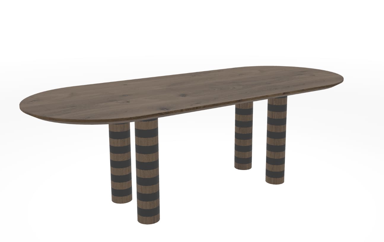 An oval-shaped dining or conference table featuring a dark brown wood grain top and four thick, cylindrical legs. The legs are distinguished by a repeating pattern of dark brown wood segments alternating with black or dark grey stripes, giving them a bold, decorative appearance. The table exhibits a contemporary design with a clean aesthetic, rendered against a plain white background. — 3D model