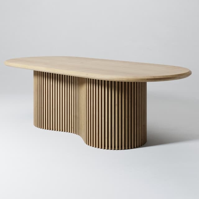 A modern coffee table with an organic, elongated oval tabletop and a distinctive base composed of vertical wooden slats arranged in a sculptural, undulating form. The tabletop is thin with softly rounded edges, while the base exhibits a rhythmic pattern of light-colored wood, creating a sense of movement and depth. The overall design is minimalist yet statement-making. — 3D model