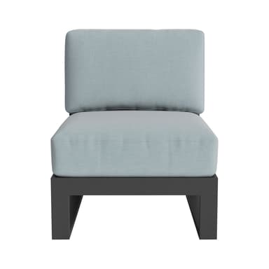 A modern armless chair with a sturdy, dark-colored frame and upholstered cushions in a light blue fabric. The base has a minimalist, geometric design, suggesting outdoor or contemporary indoor use. The cushions appear plush and well-stitched. — 3D model