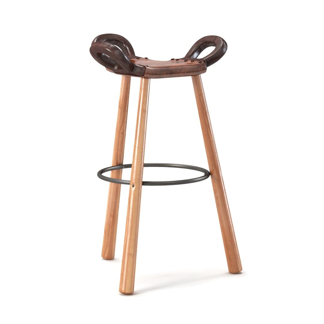 A bar stool with a saddle-shaped seat and a metal footrest ring. The seat appears to be made of wood and leather, with a dark, glossy finish on the wooden parts and a lighter brown leather cushion. The legs are made of light-colored wood and are joined by a circular metal ring. The design is modern with a hint of rustic or western influence. — 3D model