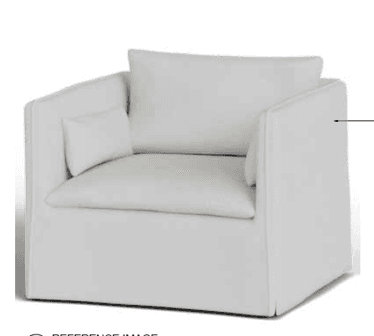 A modern, white upholstered armchair featuring a deep, comfortable seat, wide track arms, and a skirted base. It includes a loose back cushion and a small lumbar pillow for added support and comfort. The design emphasizes clean lines and a plush aesthetic. — 3D model