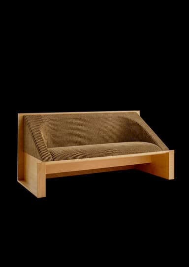 A modern upholstered bench sofa featuring a minimalist light wooden frame and distinctive vertically ribbed brown fabric. — 3D model