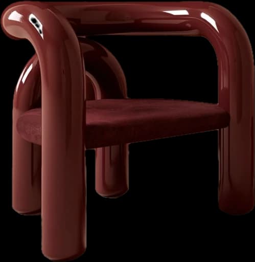 A contemporary chair with a distinctive tubular frame and a plush seat. The frame is composed of rounded, hollow-looking sections that curve to form the legs, armrests, and back support. The seat appears to be upholstered in a soft, textured fabric. — 3D model