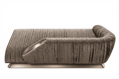 A contemporary daybed featuring distinctive vertical channeled upholstery in a grey/taupe color, with a single integrated rolled armrest and a sleek, recessed metallic plinth base. — 3D model