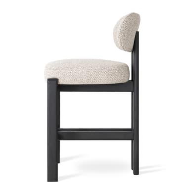 A modern dining chair featuring a dark-stained wooden frame and light-colored, textured fabric upholstery. The chair has a square, padded seat and a small, rounded backrest. The frame consists of four sturdy, rectangular legs connected by stretchers, providing a robust and minimalist silhouette. — 3D model