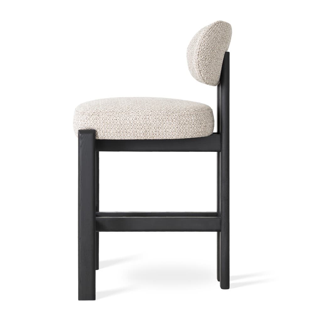 A modern dining chair featuring a dark-stained wooden frame and light-colored, textured fabric upholstery. The chair has a square, padded seat and a small, rounded backrest. The frame consists of four sturdy, rectangular legs connected by stretchers, providing a robust and minimalist silhouette. — 3D model