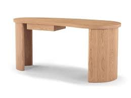 A modern wooden desk with a distinctive oval-shaped tabletop. It features two curved, cylindrical legs that provide support. A single, integrated drawer is subtly incorporated into the underside of the tabletop on one side, maintaining the clean, minimalist aesthetic. The wood grain is visible, suggesting a natural finish. — 3D model