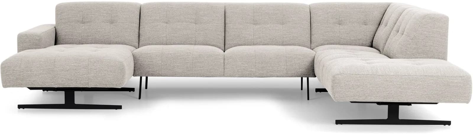 A modular U-shaped sectional sofa with a chaise lounge on each end. The sofa features tufted seat cushions and button-tufted back cushions. It is upholstered in a light grey textured fabric and supported by black metal legs, some of which appear to be swivel bases. — 3D model