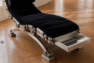 A luxurious and modern chaise lounge featuring a highly polished chrome or silver-toned metal frame with a black velvet upholstered body. The frame is intricately designed with decorative spherical accents and a sculptural, curvilinear base. The seating surface is tufted, and there is an integrated cylindrical headrest. The overall aesthetic is one of modern glamor and opulence. — 3D model