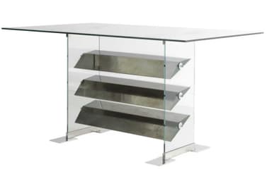 An elongated console table featuring a clear rectangular glass tabletop supported by two clear glass panel legs. Integrated between the glass legs are three horizontally oriented, slanted shelves made of brushed stainless steel. The entire structure rests on two flat, rectangular stainless steel bases at the bottom of the glass legs. — 3D model