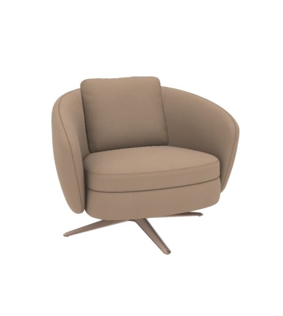 A modern armchair with a rounded, enveloping design. It features a plush seat, a curved backrest that extends into armrests, and a separate square throw pillow. The chair is supported by a metallic, star-shaped swivel base. — 3D model
