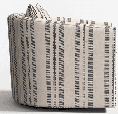 A contemporary upholstered barrel armchair featuring a cream-colored fabric with vertical black stripes. The chair has a rounded back and arms, a loose seat cushion, and an accompanying throw pillow. It sits on a subtle swivel base, making it versatile for various room configurations. — 3D model