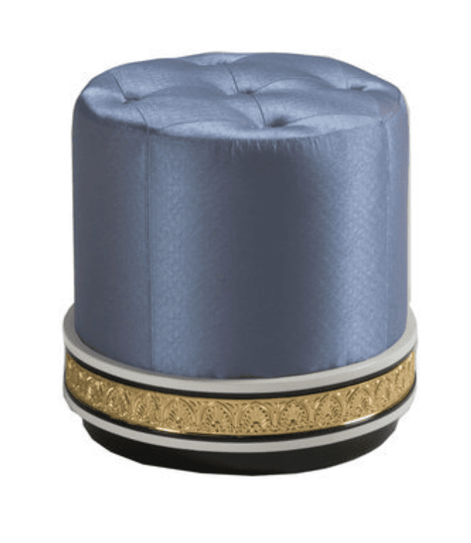 A round ottoman with a tufted top and a decorative band around its base. The upholstery appears to be a satin-like fabric. — 3D model