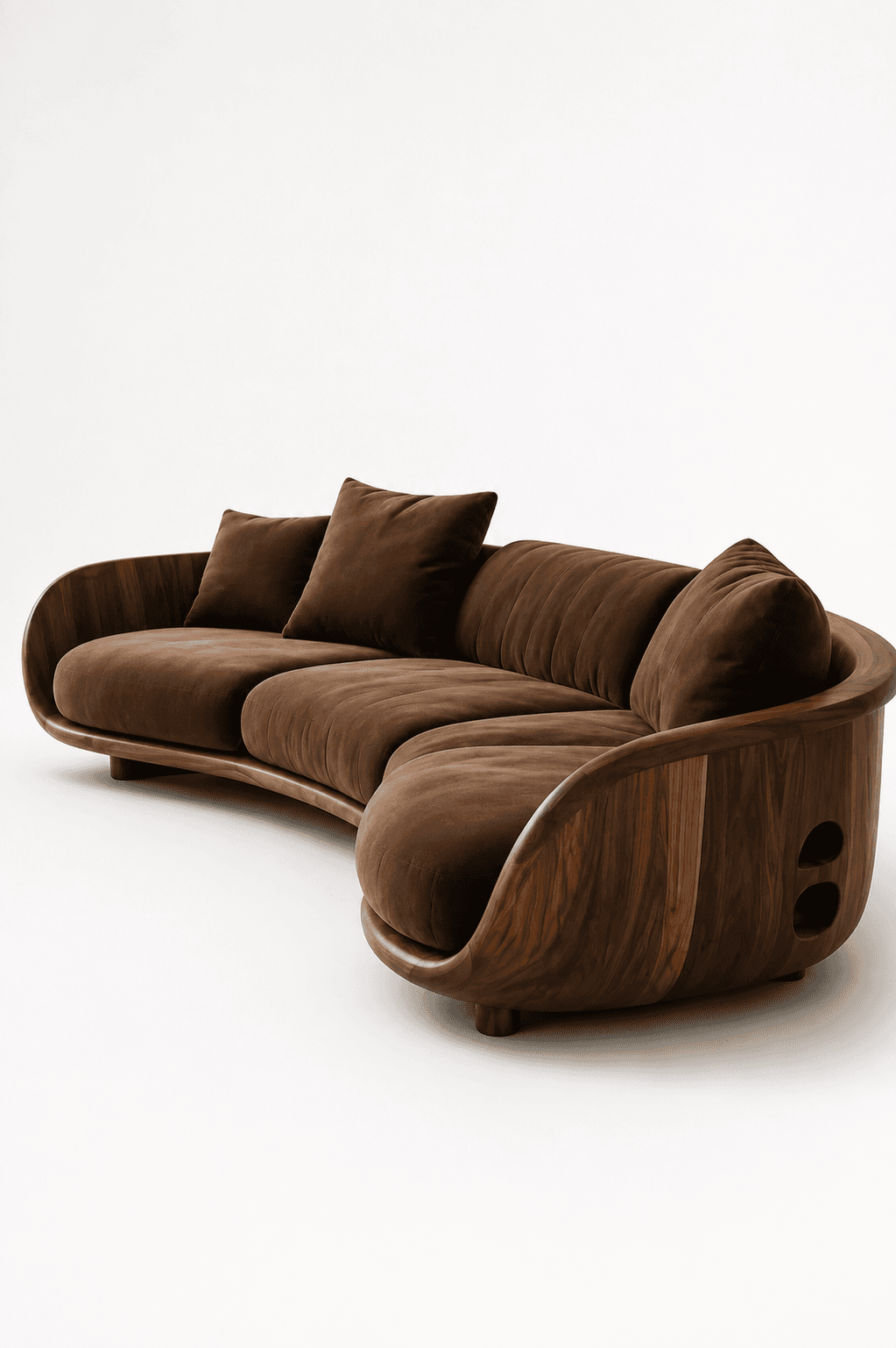 A large, multi-seater curved sectional sofa featuring a dark brown upholstered interior nestled within an exposed, sculptural dark wood frame. The sofa has deep seat and back cushions, creating a luxurious and organic aesthetic. — 3D model