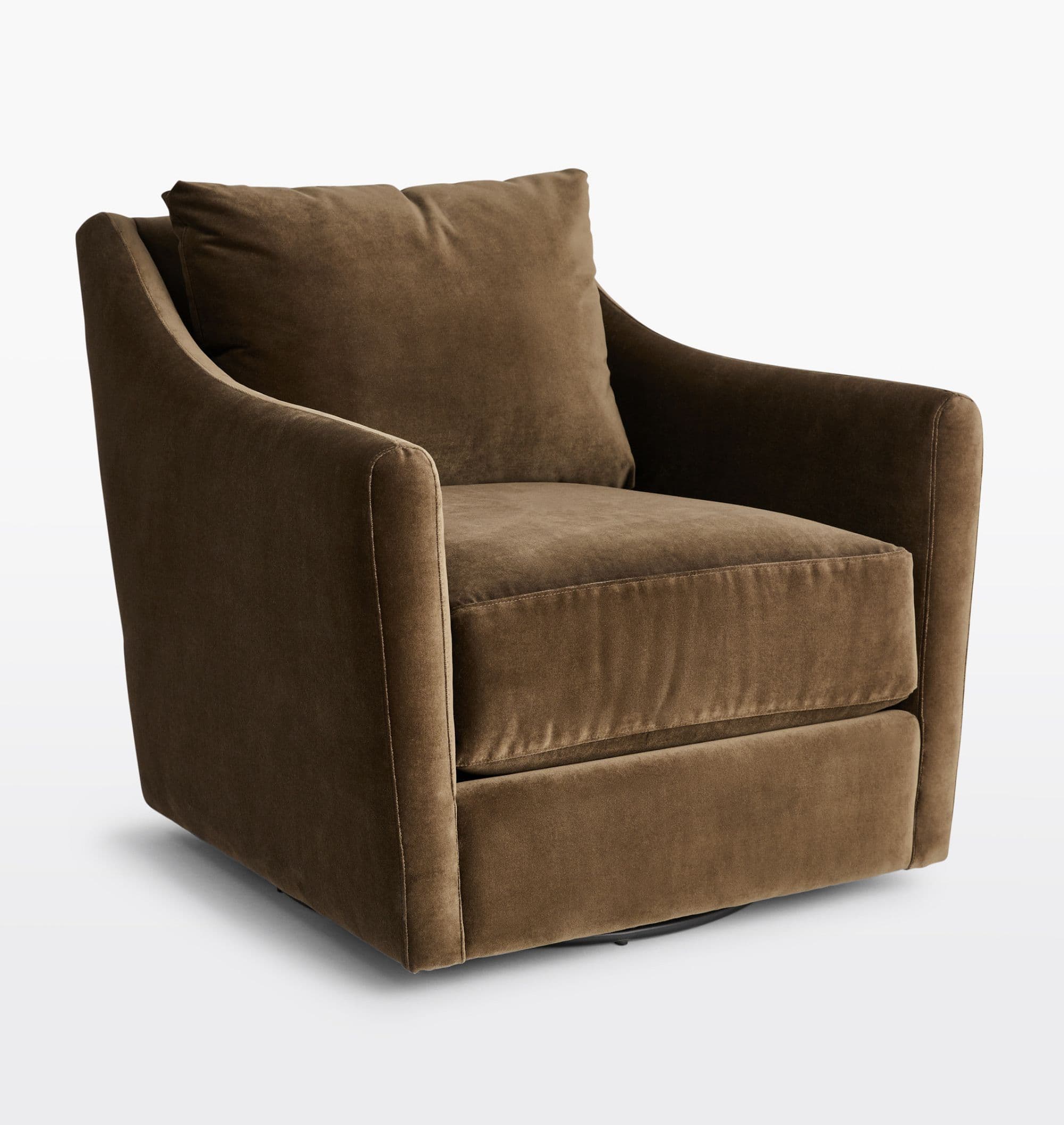 A plush armchair upholstered in a dark brown velvet-like fabric. It features a rounded back and arms that curve down towards the seat. A separate square cushion is placed against the backrest for added comfort. The base appears to be a rotating swivel mechanism, suggesting mobility. — 3D model