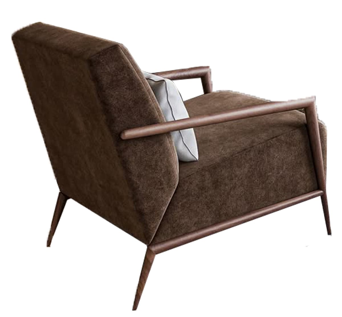 A modern armchair with a dark brown textured fabric upholstery. It features a geometric, angular design for the backrest and seat. The armchair has a visible wooden frame forming the armrests and legs, with a slender, tapered profile for the legs. A small, light-colored throw pillow with subtle stitching is placed on the seat. — 3D model