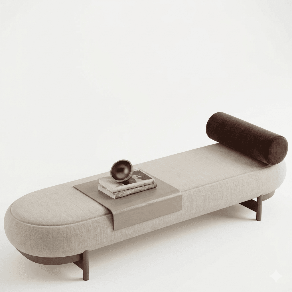 A modern chaise lounge with an elongated, rounded form. The seating surface and rounded end are upholstered in a textured, light-colored fabric. A cylindrical bolster pillow in a darker, reddish-brown hue is positioned at one end. A detachable, tray-like side table in a taupe wood finish is placed on the seating surface, holding a stack of books and a decorative metallic bowl. — 3D model