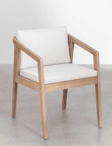 A wooden armchair with a slatted back and upholstered cushions. The chair features a light wood frame with straight legs and armrests. The backrest is composed of vertical wooden slats, and the seat and back are covered with white cushions. — 3D model