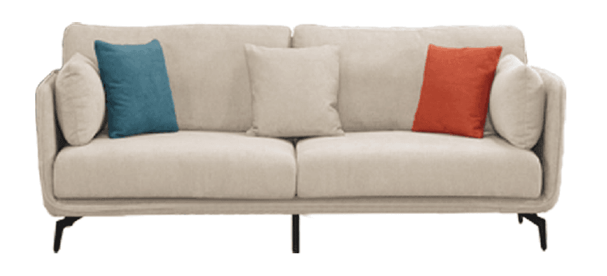 A contemporary two-seater sofa upholstered in light beige fabric, featuring slender black metal legs and gently curved, low-profile armrests. The sofa is furnished with two back cushions, two seat cushions, and three accent pillows in beige, blue, and orange. — 3D model