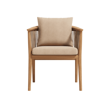 A contemporary armchair featuring a light-toned wooden frame, interwoven rope detailing on the back and sides, and removable upholstered cushions in a neutral beige fabric. — 3D model