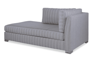 A contemporary right-arm facing chaise lounge upholstered in a grey fabric with subtle white pinstripes. It features a low-profile design with a single armrest on the right side and a loose back cushion, both covered in the same striped fabric. The chaise has a solid base and rests on small, square wooden feet. — 3D model