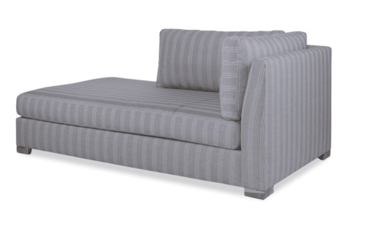 A contemporary right-arm facing chaise lounge upholstered in a grey fabric with subtle white pinstripes. It features a low-profile design with a single armrest on the right side and a loose back cushion, both covered in the same striped fabric. The chaise has a solid base and rests on small, square wooden feet. — 3D model