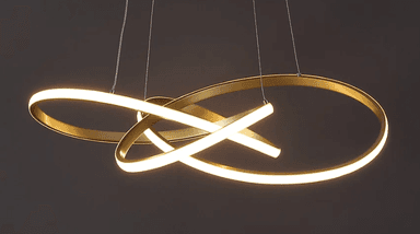 A modern, abstract pendant light featuring multiple interlocking circular and elliptical rings with an integrated LED light source and a brass-tone finish. — 3D model