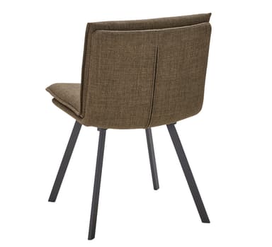 A contemporary dining chair upholstered in a textured brown fabric. The chair features a slightly curved backrest with a subtle vertical seam detail. The seat appears to be padded, and the overall design is sleek and modern. It is supported by four slender, dark-colored legs that taper slightly towards the floor. — 3D model