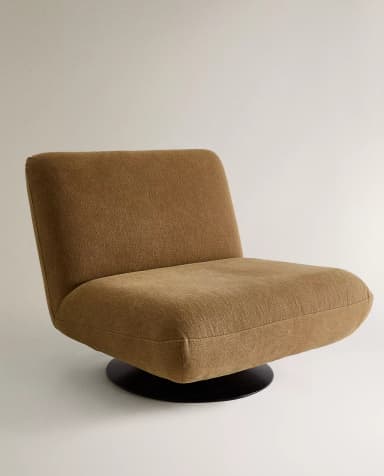 An armless lounge chair featuring a low-profile, upholstered form and a circular swivel base. — 3D model