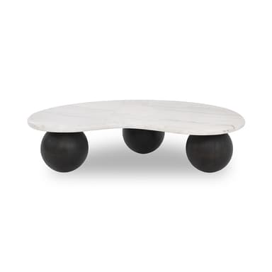 An organic-shaped coffee table featuring a white marble top with natural gray veining, supported by three dark, spherical wooden legs. The tabletop has an irregular, serpentine silhouette, and the spherical legs are evenly distributed underneath, providing a low-profile, sculptural aesthetic. — 3D model