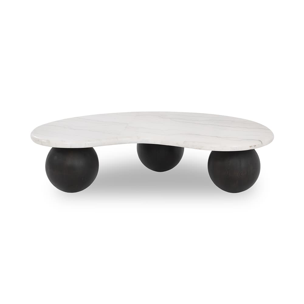 An organic-shaped coffee table featuring a white marble top with natural gray veining, supported by three dark, spherical wooden legs. The tabletop has an irregular, serpentine silhouette, and the spherical legs are evenly distributed underneath, providing a low-profile, sculptural aesthetic. — 3D model
