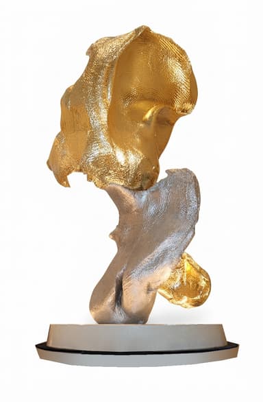 An abstract sculpture featuring a dynamic, fluid form composed of two distinct metallic elements: a larger, upper section with a rich gold-toned finish and a smaller, lower section in a contrasting silver tone. The piece is mounted on a simple, low-profile circular base. — 3D model