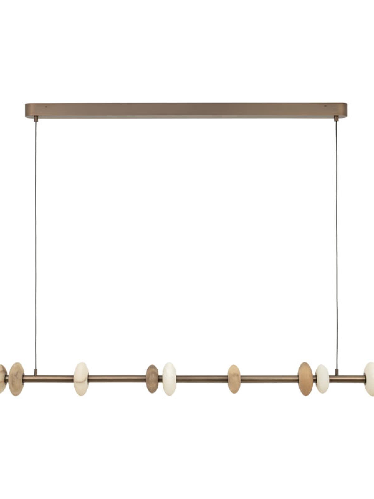 A modern linear chandelier featuring a horizontal bar suspended from a rectangular canopy by thin cables. The bar is adorned with alternating light and dark organic-shaped decorative elements, likely serving as diffusers for integrated LED lighting. The metal components have a brushed bronze or antique brass finish. — 3D model