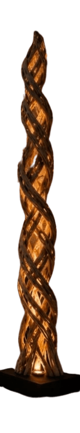 A tall, slender floor lamp featuring a distinctive twisted, sculptural body made from interwoven strips of wood or natural fibers. The internal light source illuminates the woven structure, creating a warm, diffused glow. The lamp rests on a minimalistic, flat, dark-colored base. — 3D model