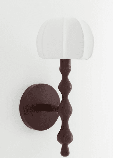 A wall-mounted lighting fixture featuring a circular dark wood backplate and a sinuously turned wooden arm, topped with an off-white, segmented fabric shade. The design is sculptural and organic. — 3D model