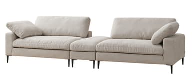A light beige, contemporary modular sectional sofa composed of three units (two armrests and one armless) with loose back cushions and tapered black legs, set against a white background. — 3D model